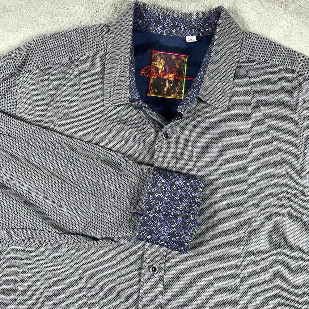 Robert Graham Shirt Men 1XL Blue Birdseye Dot Flip Cuff Button Up LS Classic